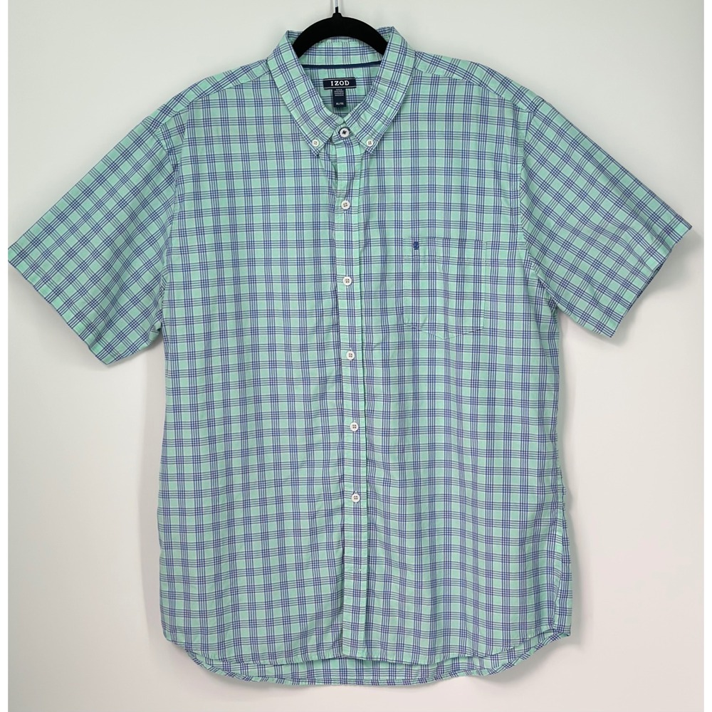 Izod Mens XL Short Sleeve Button Down Shirt Green Blue Plaid Cotton Blend